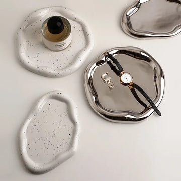 Nordic Silver Plated Ceramic Dish Irregular Desktop Storage Tray Decorative Kitchen Living Room Jewelry Organizer Free Shipping